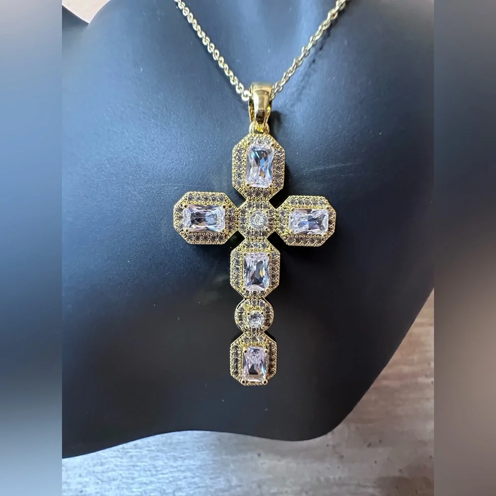 Gold Cross With CZ Pendant Necklace. 16” Chain. - Picture 4 of 5